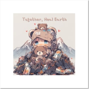 Together, Heal Earth - Sad Chibi Bear and Environmental Message Posters and Art